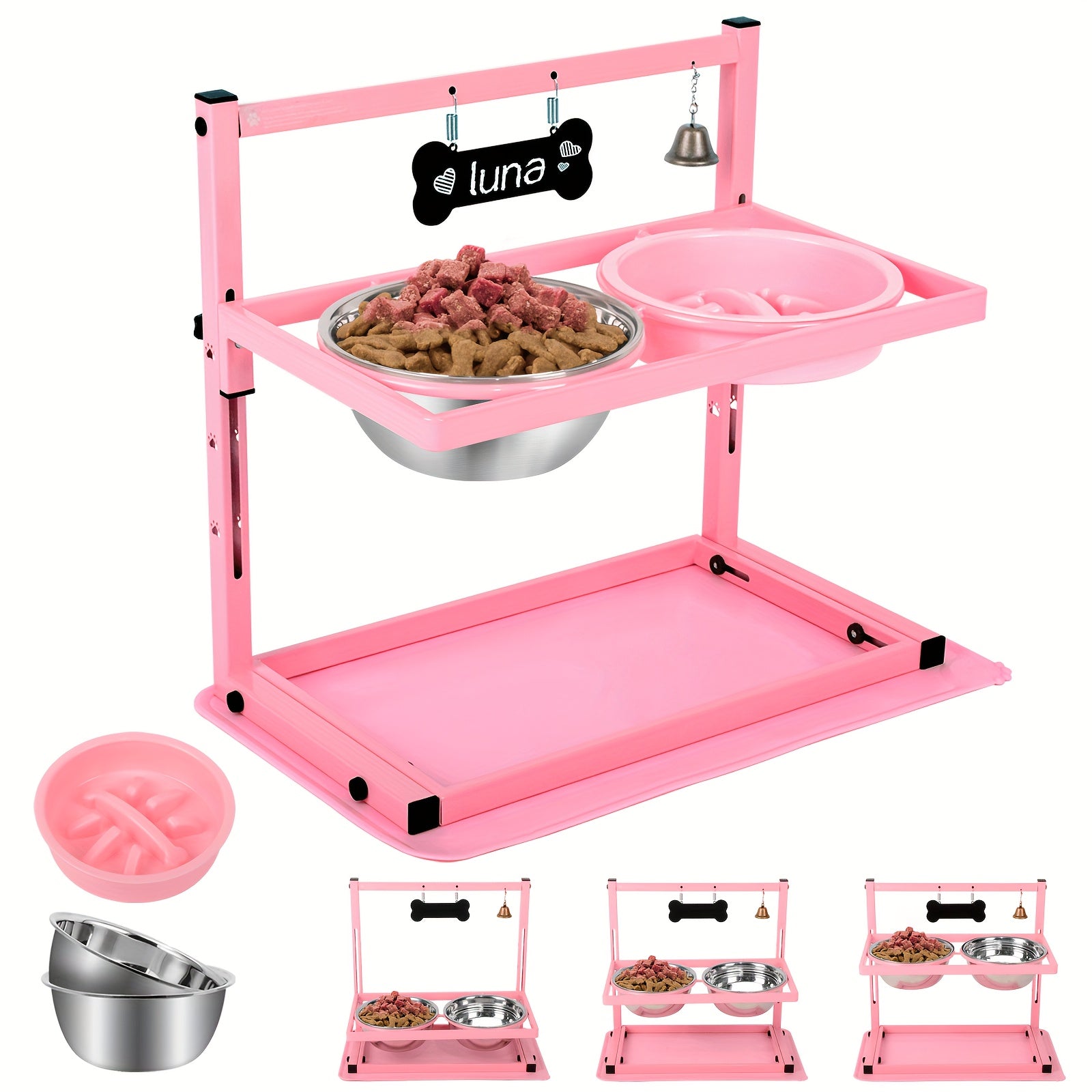 Adjustable Pink Dog Bowl Stand with Stainless Steel Bowls